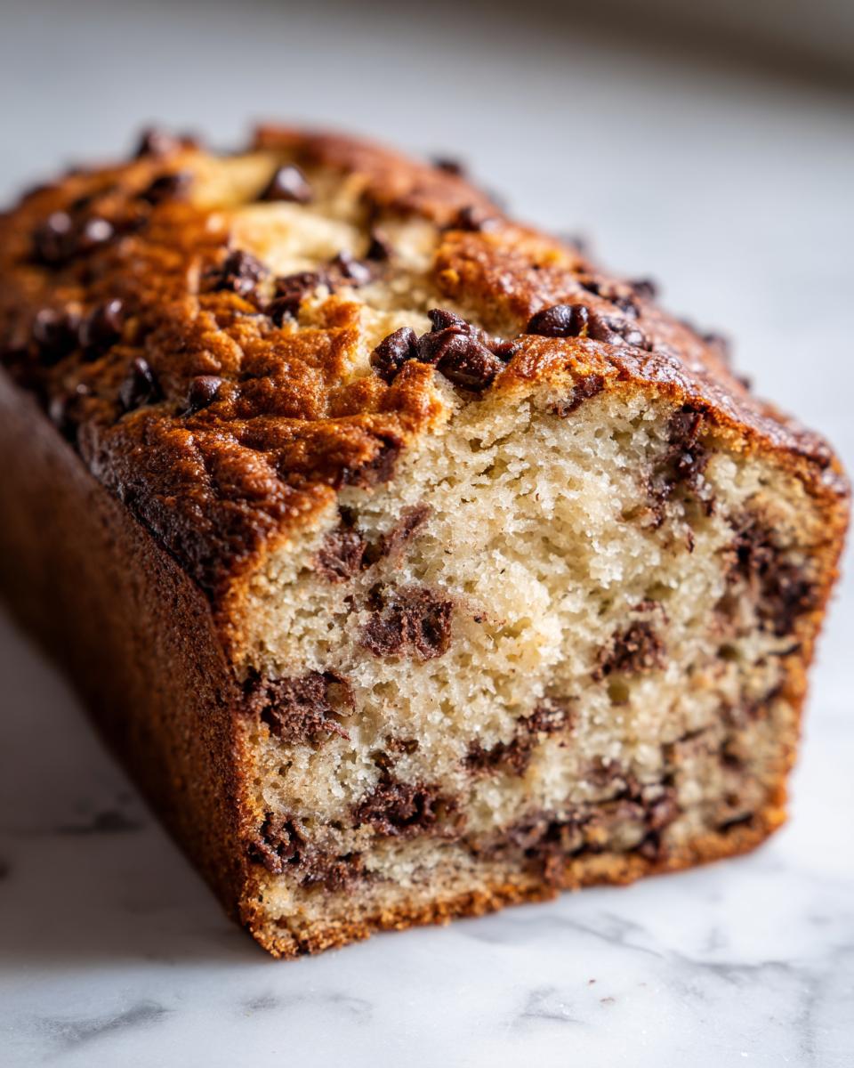 Close-up of a freshly baked chocolate chip banana bread recipe loaf showing a moist crumb and melted chocolate chips.