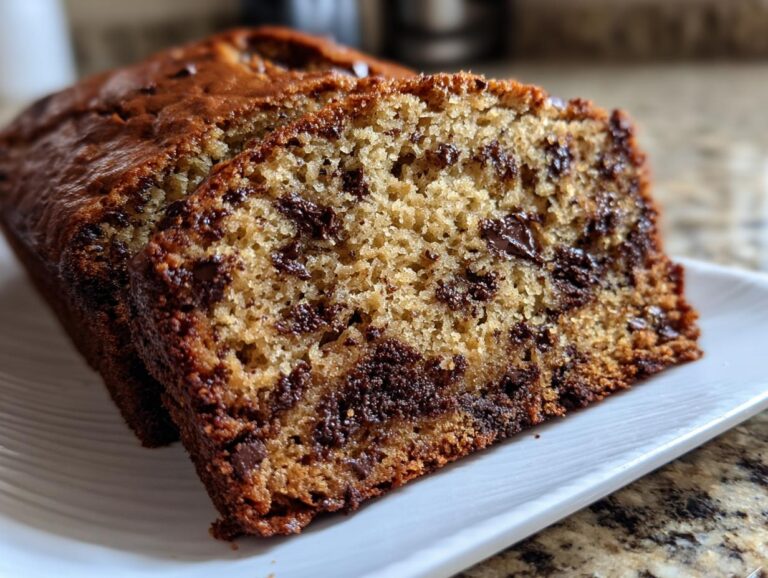 Close-up of two slices of moist chocolate chip banana bread recipe on a white plate.