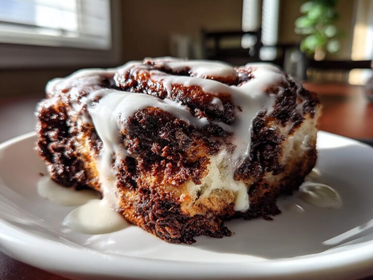 Close-up of a rich chocolate cinnamon rolls slice topped with thick white icing, sitting on a white plate.