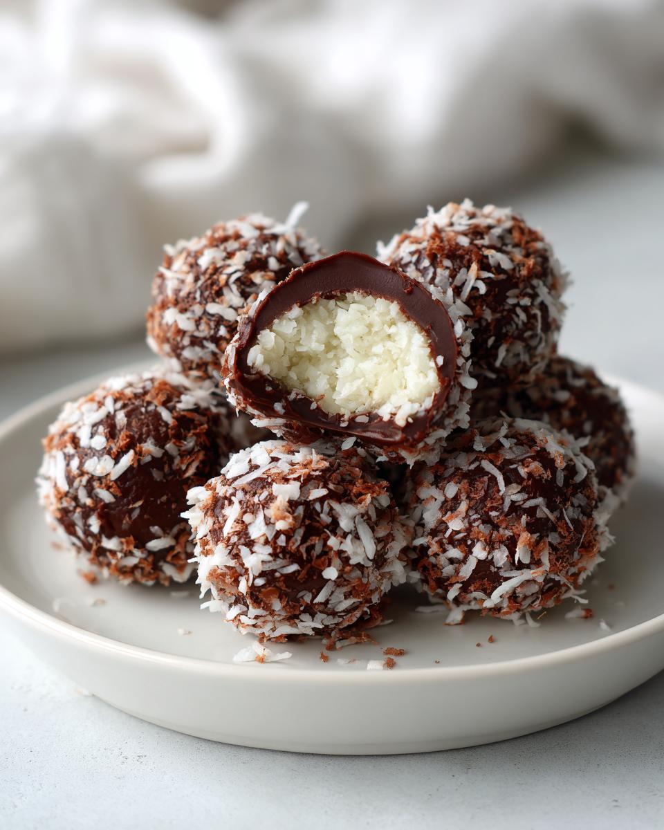 A stack of chocolate-dipped coconut balls rolled in shredded coconut, one is cut open showing the white coconut filling.