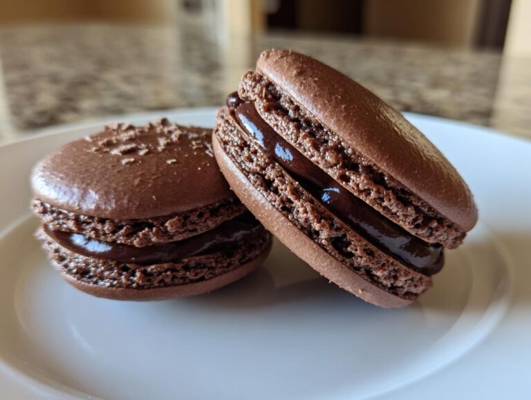 Close-up of two decadent chocolate macarons filled with glossy ganache, showcasing their feet.