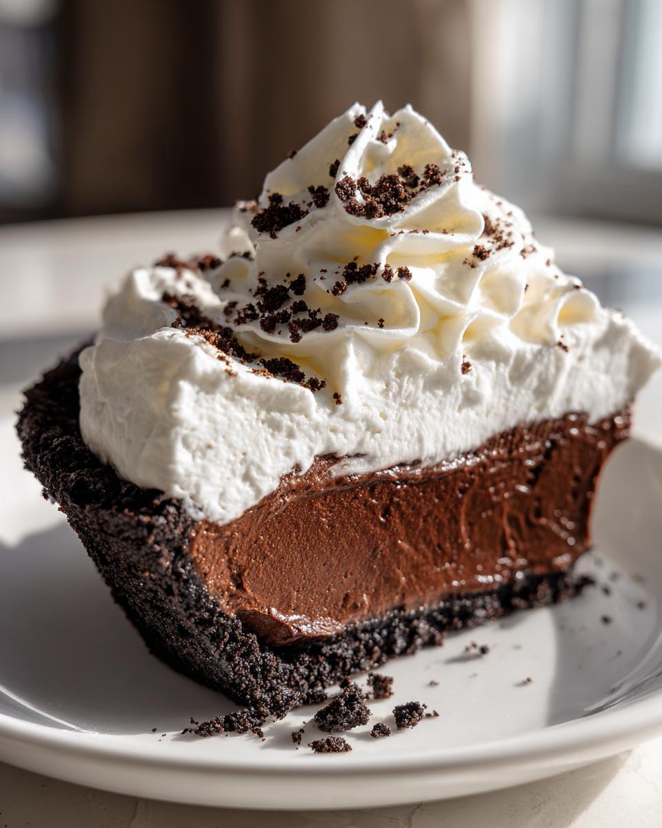Close-up of a decadent slice of chocolate mousse pie with a dark crust, thick chocolate filling, and topped with whipped cream and crumbs.