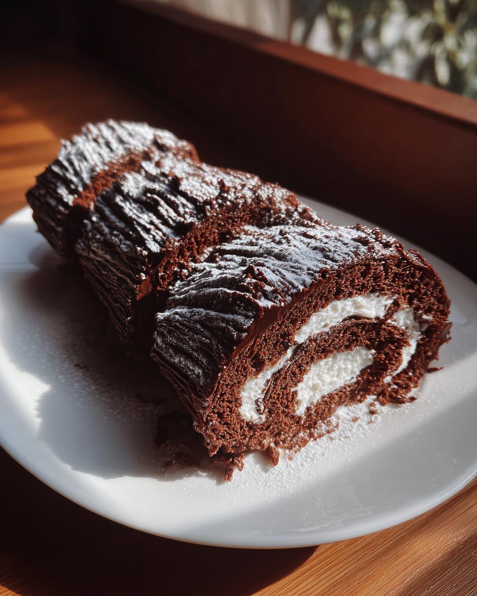 A rich chocolate yule log cake slice filled with white cream, dusted with powdered sugar.