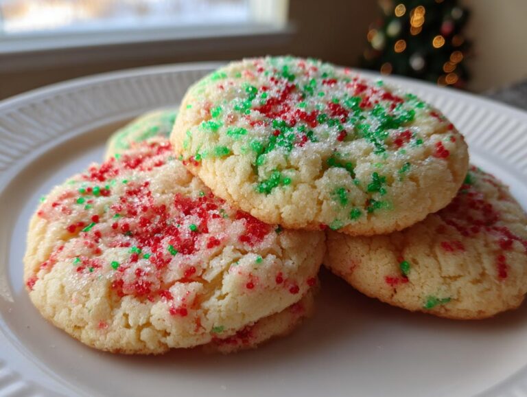 A stack of soft christmas gooey butter cookies topped with red and green sanding sugar, with a blurred Christmas tree in the background.