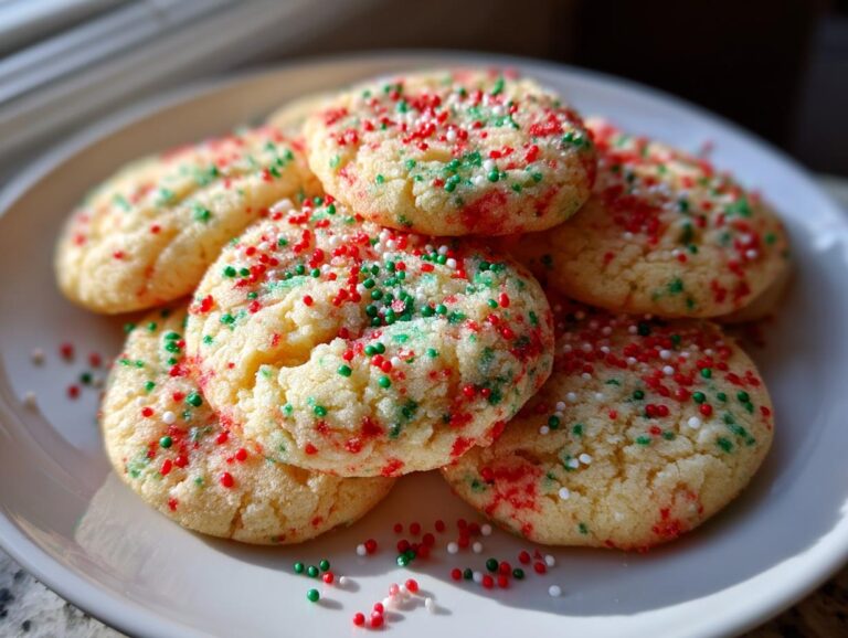A close-up of several soft, round christmas sprinkle sugar cookies topped with red, green, and white nonpareils on a white plate.