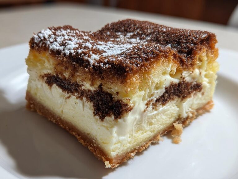 A thick slice of churro cheesecake bar showing creamy filling, cinnamon swirl, and powdered sugar dusting.