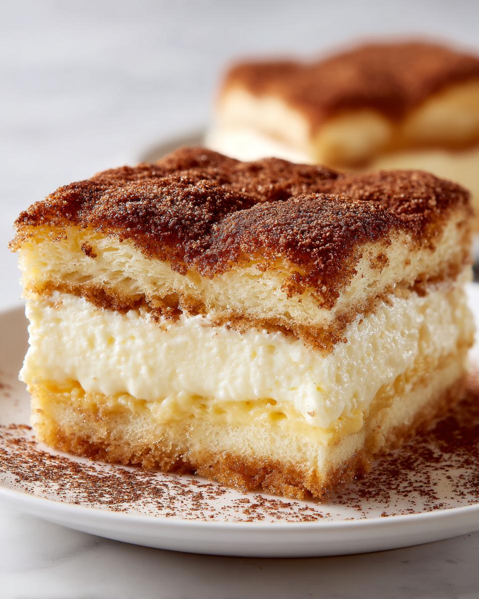 Close-up of a layered churro cheesecake bar featuring creamy filling and a cinnamon-sugar topping.