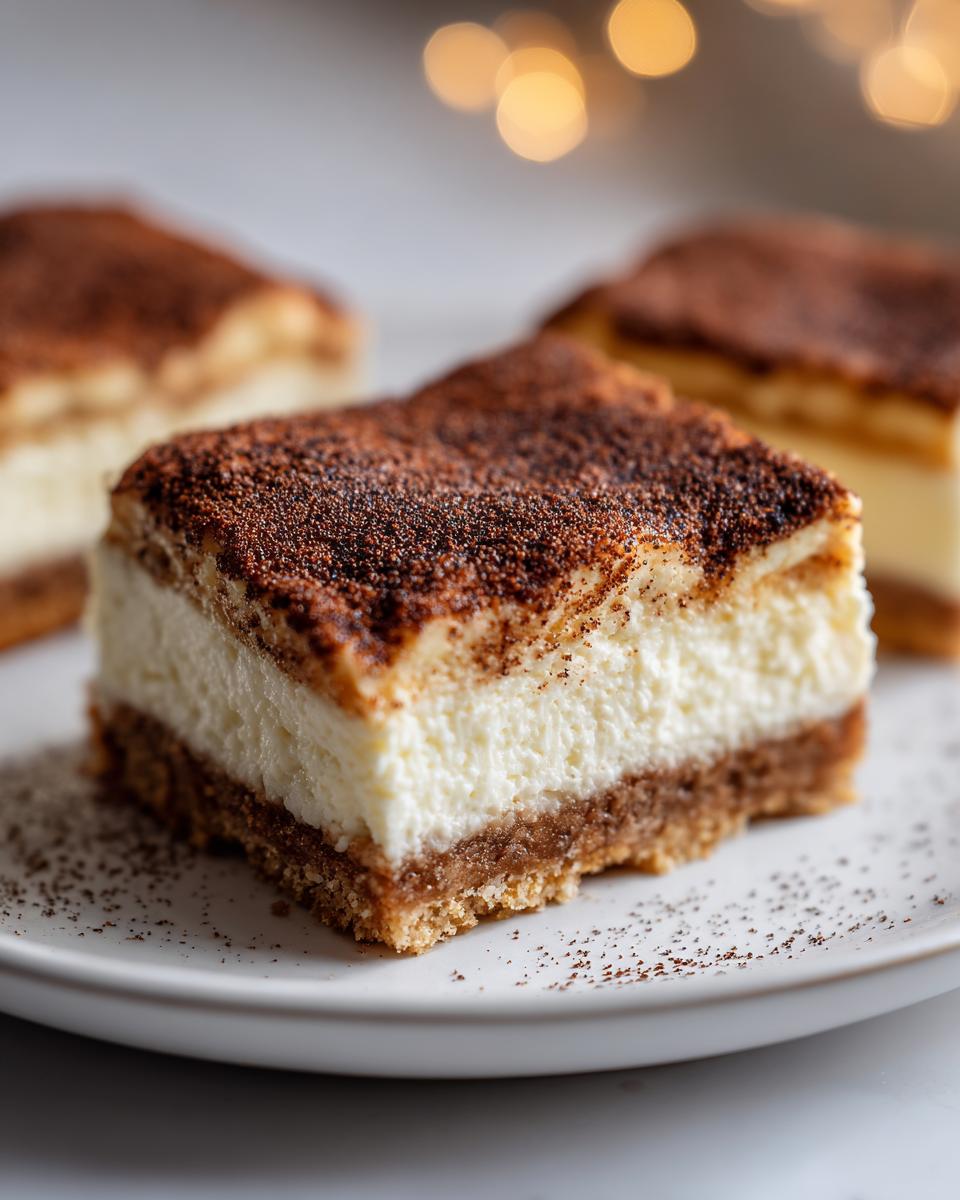 Close-up of a square slice of churro cheesecake bars showing a thick cream cheese layer and cinnamon-sugar crust, dusted with cinnamon.