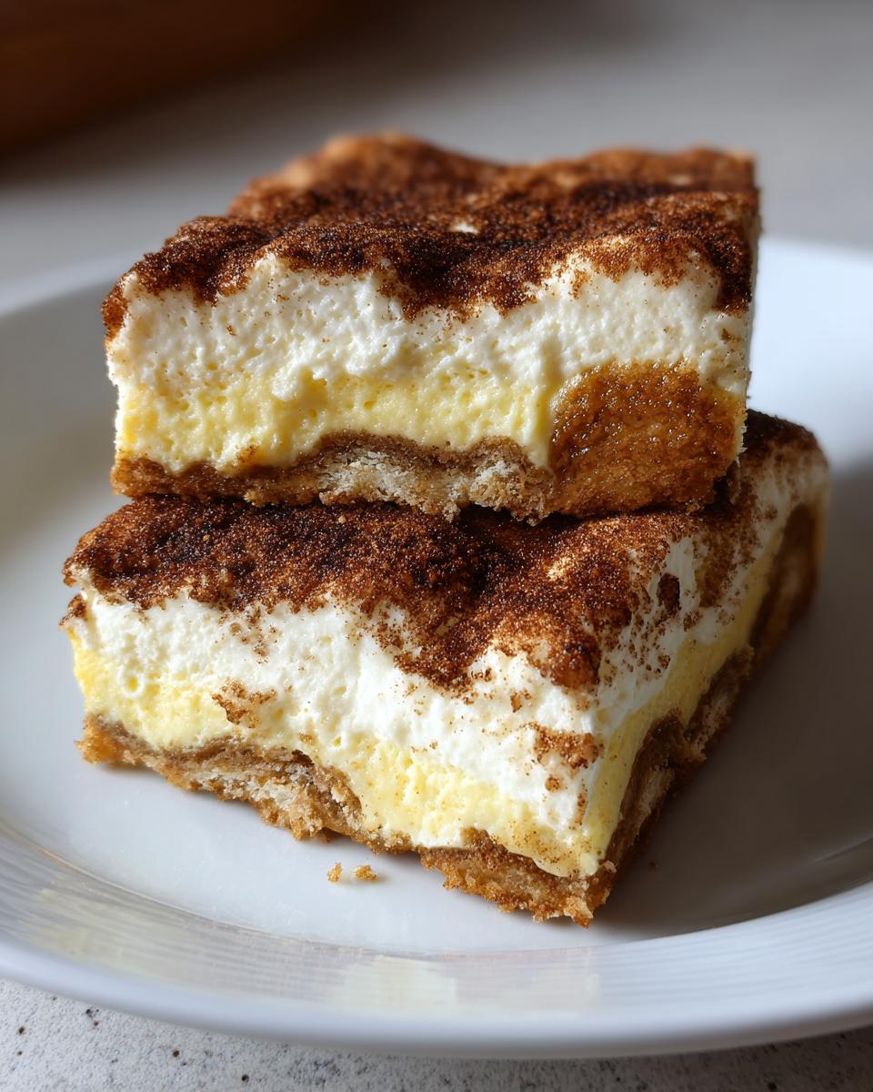 Two stacked slices of churro cheesecake bars featuring a crust, creamy filling, and heavy cinnamon sugar topping.