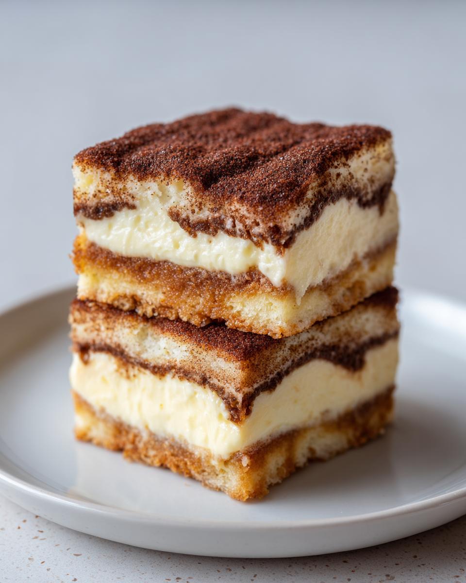 Two square portions of churro cheesecake bars stacked on a white plate, showing layers of cake, cream cheese, and cinnamon sugar.