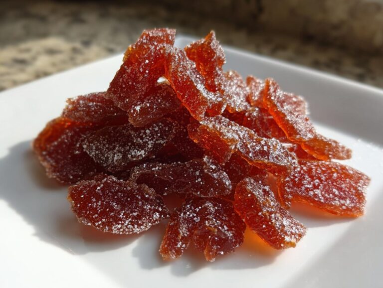 A pile of glistening, amber-colored cinnamon rock candy pieces coated in sugar crystals on a white dish.
