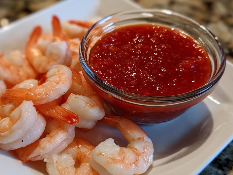 Close-up of chilled cooked shrimp arranged around a small glass bowl of bright red shrimp cocktail sauce.