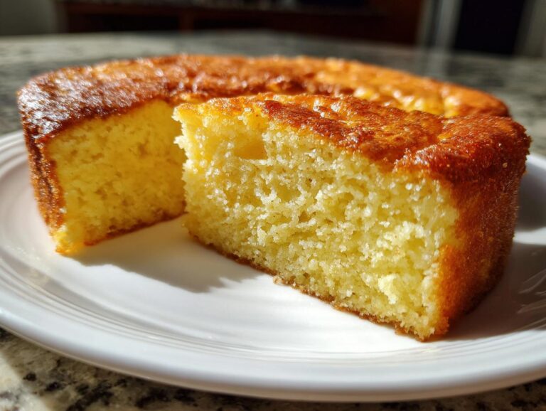 Close-up of a slice of moist, golden condensed milk cake on a white plate, showing its dense crumb.