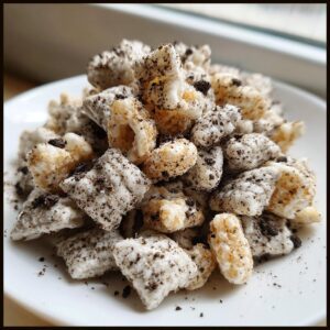 A close-up shot of a pile of white, powdered cookies and cream puppy chow mixed with dark cookie crumbs on a white plate.