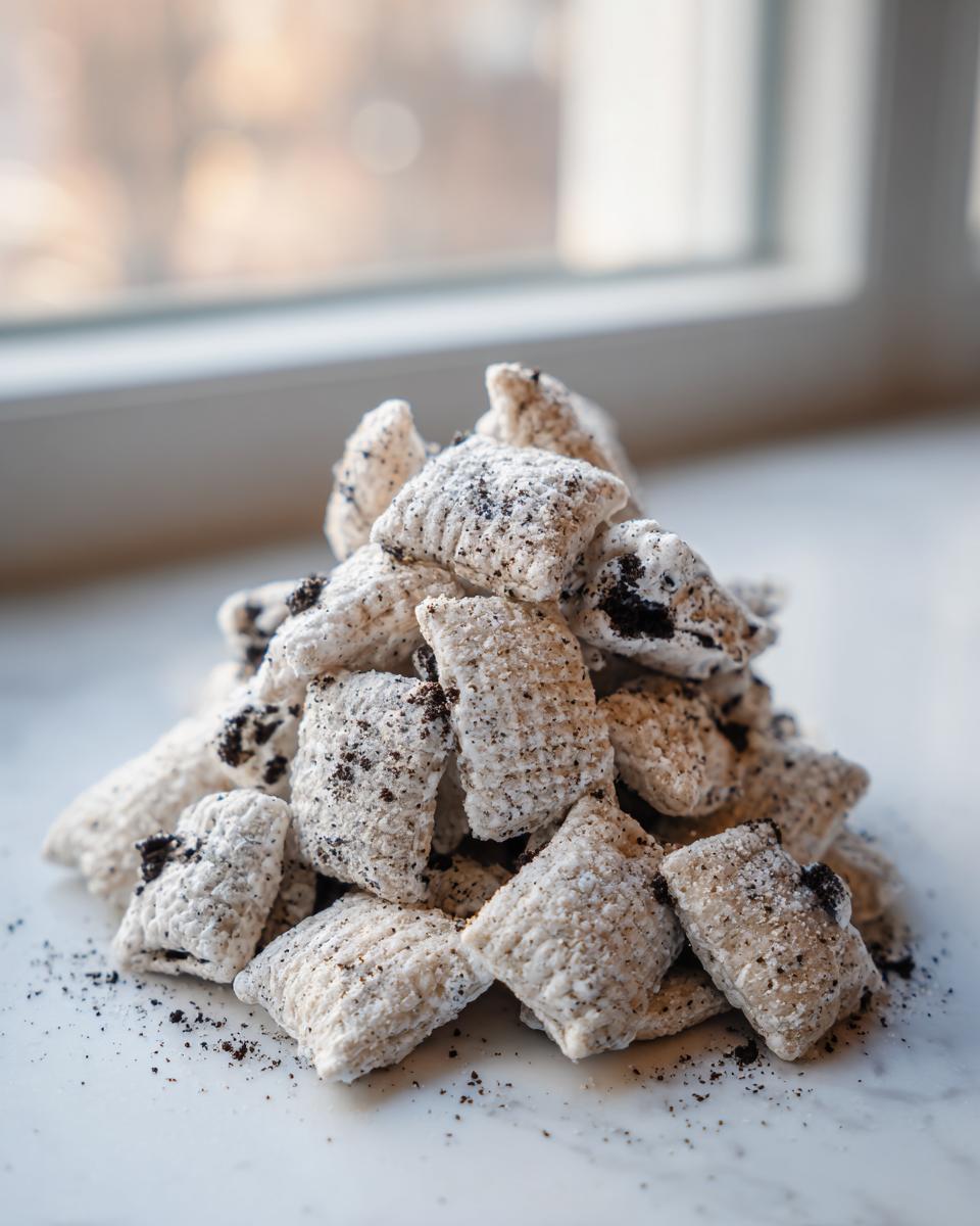 A close-up pile of white, powdered Cookies and Cream Puppy Chow dusted with dark cookie crumbs.