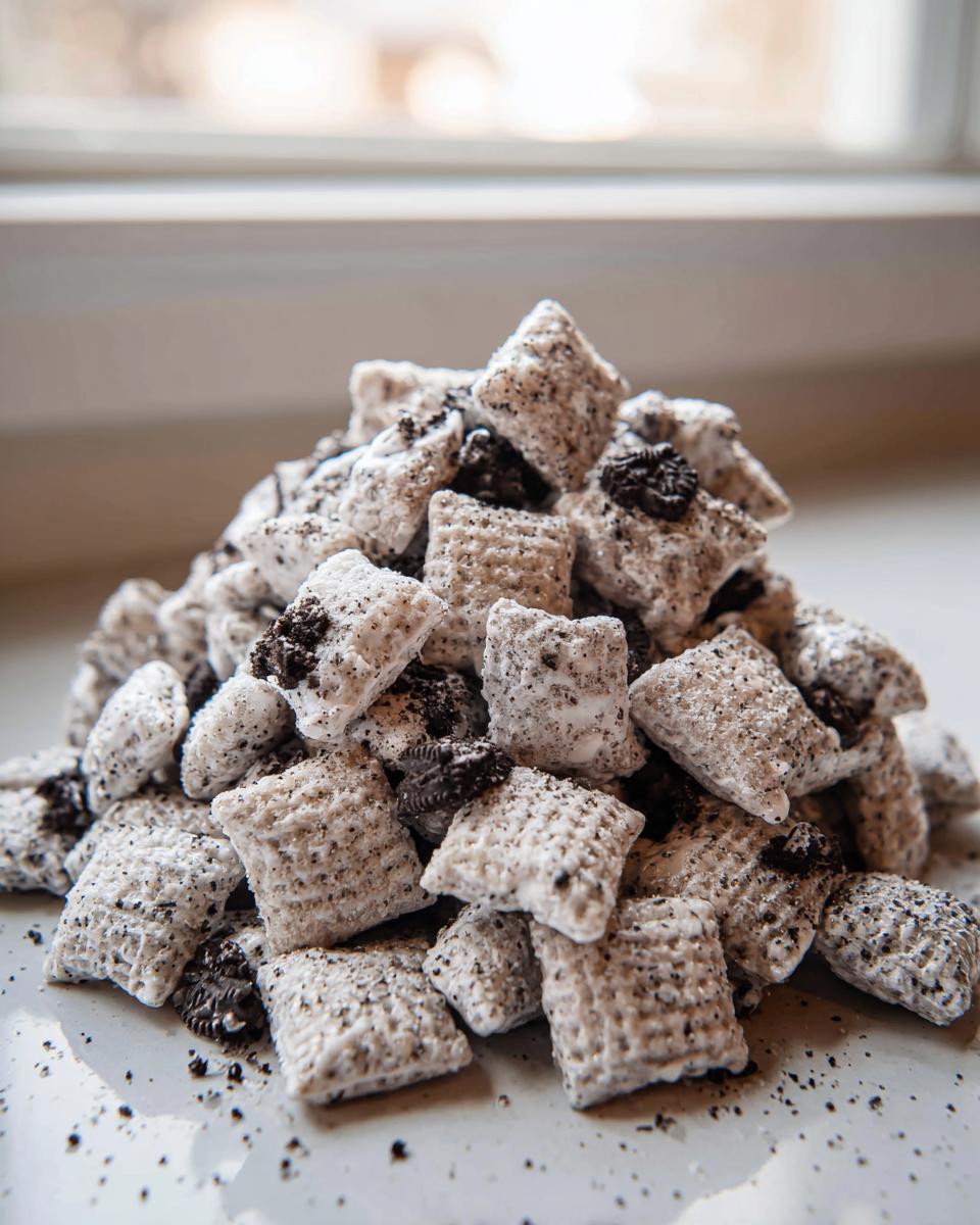 A close-up mound of Cookies and Cream Puppy Chow coated in powdered sugar and mixed with crushed dark chocolate sandwich cookies.