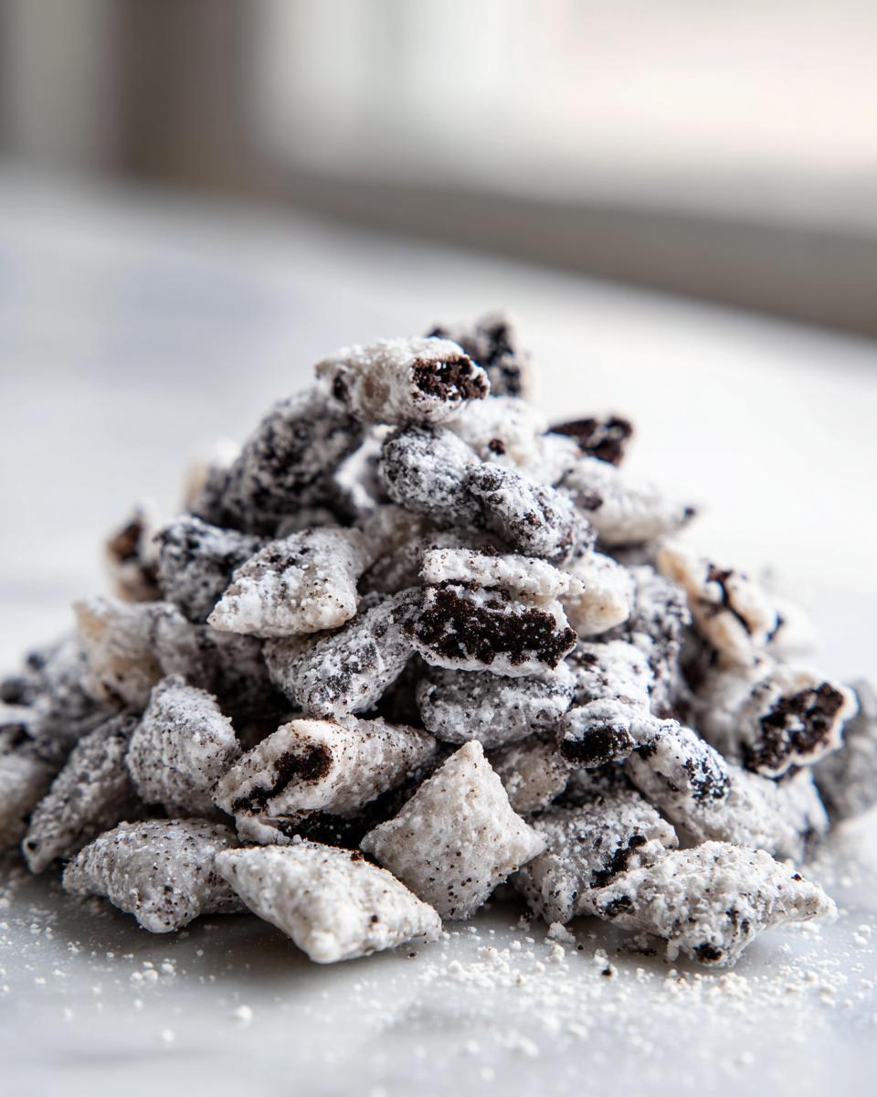 A close-up pile of white powdered Cookies and Cream Puppy Chow pieces dusted with powdered sugar.