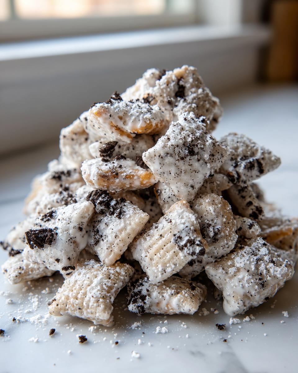 A close-up pile of white-coated cookies and cream puppy chow sprinkled with dark cookie crumbs.