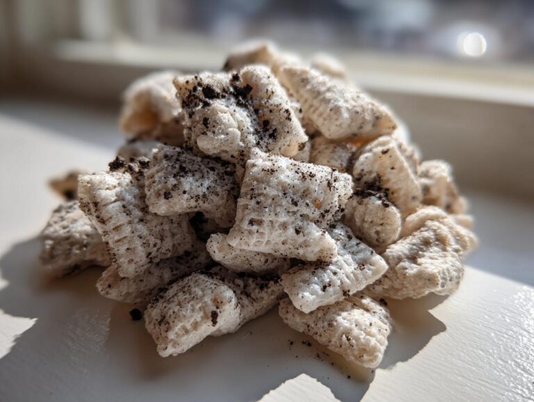 A close-up pile of white, powdered cookies and cream puppy chow dusted with dark cookie crumbs.