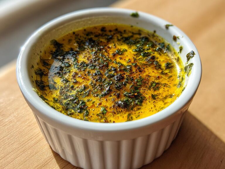 Close-up of vibrant yellow cowboy butter dipping sauce topped with dark green herbs and pepper in a white ramekin.