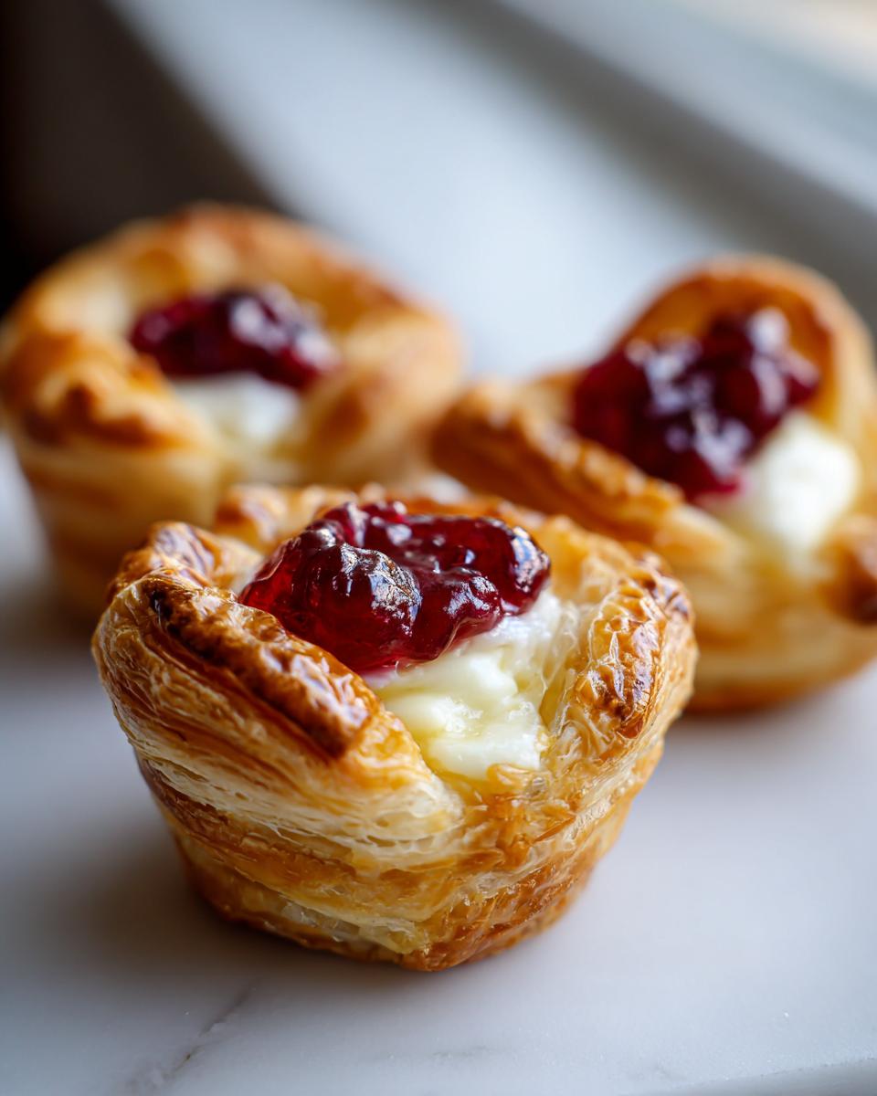 Close-up of one perfectly baked cranberry brie bites showing flaky pastry, melted brie, and bright cranberry topping.