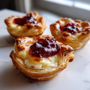 Three baked cranberry brie bites featuring flaky pastry, melted brie, and a dollop of cranberry topping.