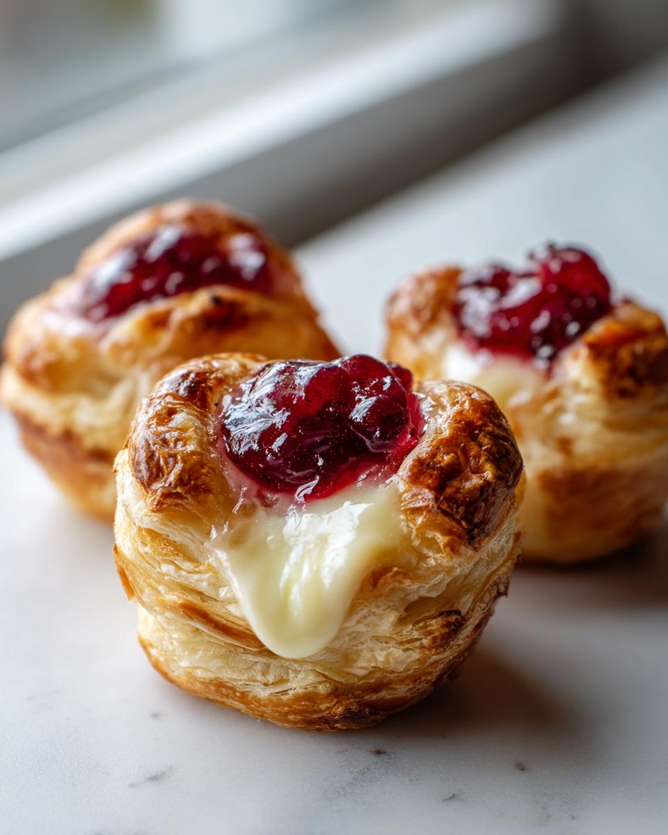 Close-up of a warm cranberry brie bite showing melted brie cheese oozing out of the flaky pastry cup.