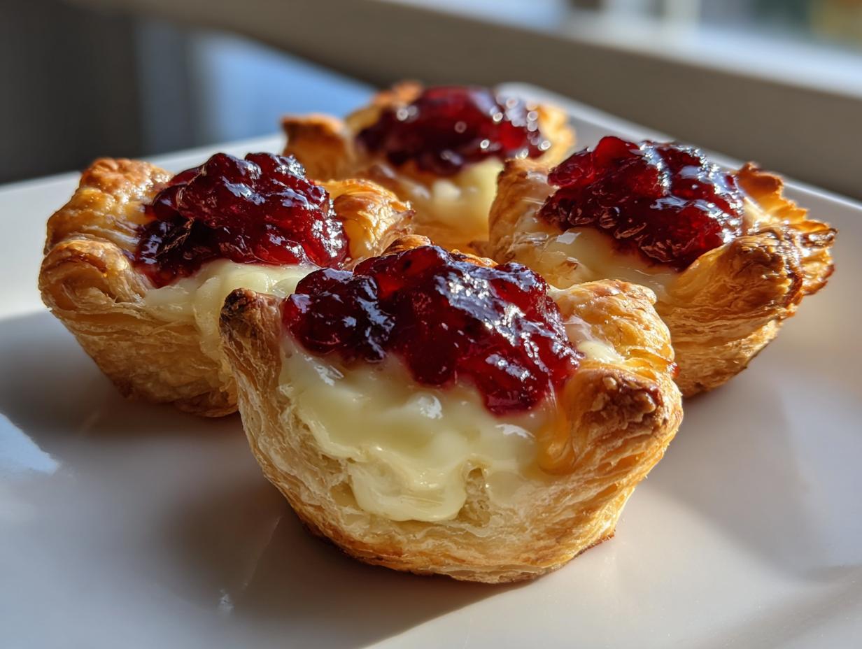 Four golden puff pastry cups filled with melted brie cheese and topped with glistening cranberry sauce, showcasing perfect cranberry brie bites.