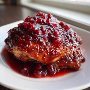 Close-up of a perfectly cooked cranberry chicken breast topped with a thick, glossy cranberry sauce.