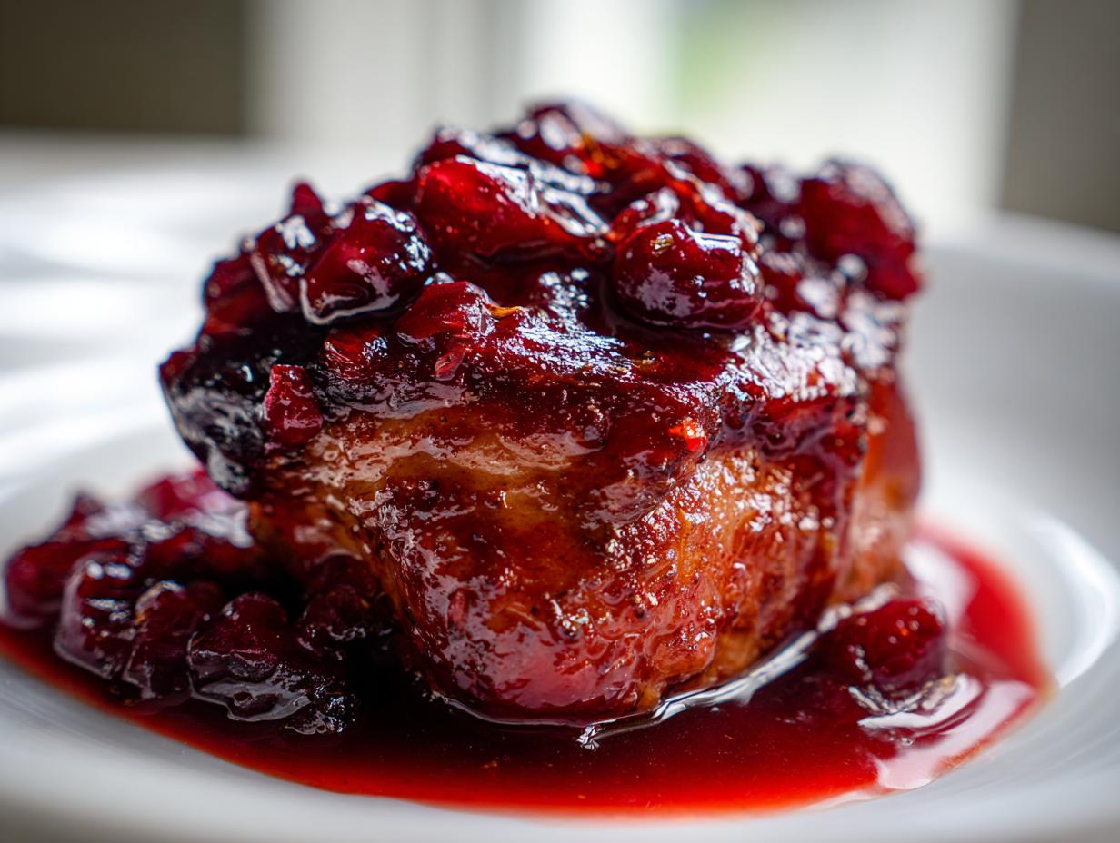 Close-up of a piece of baked or roasted cranberry chicken, heavily glazed with a rich, dark red cranberry sauce.