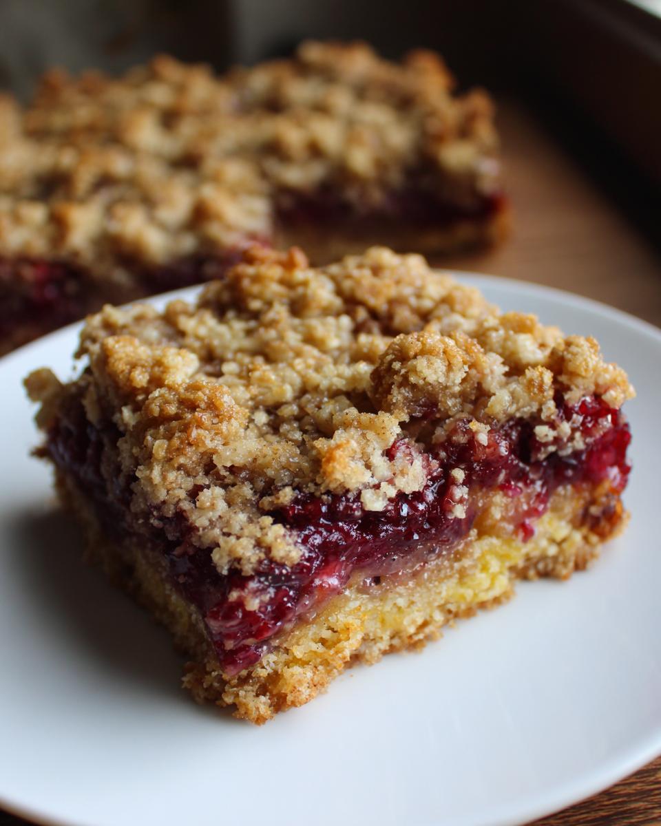 A close-up of a single serving of cranberry crumble bars showing the thick oat topping and bright red fruit filling.