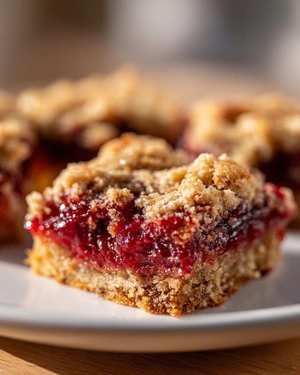 A close-up, macro shot of a single square of cranberry crumble bars showing the thick, jammy filling.