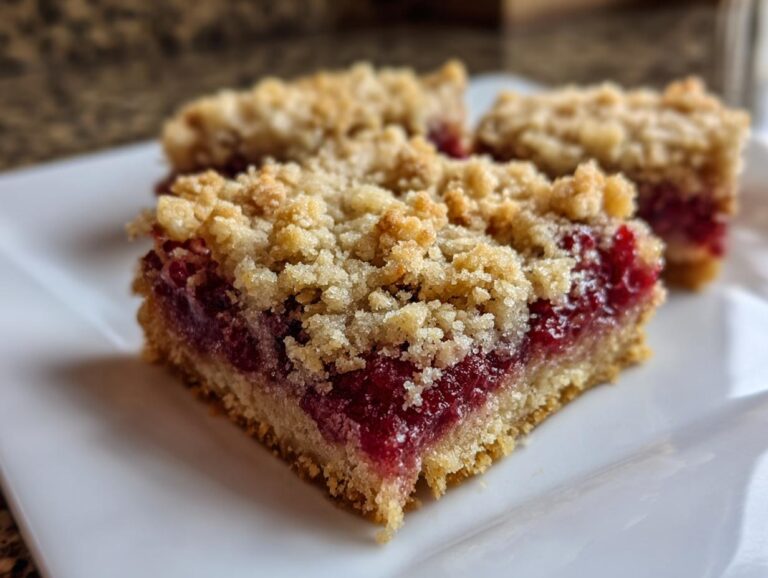 A close-up shot of a square slice of cranberry crumble bars showing the thick, bright red fruit filling and crumb topping.