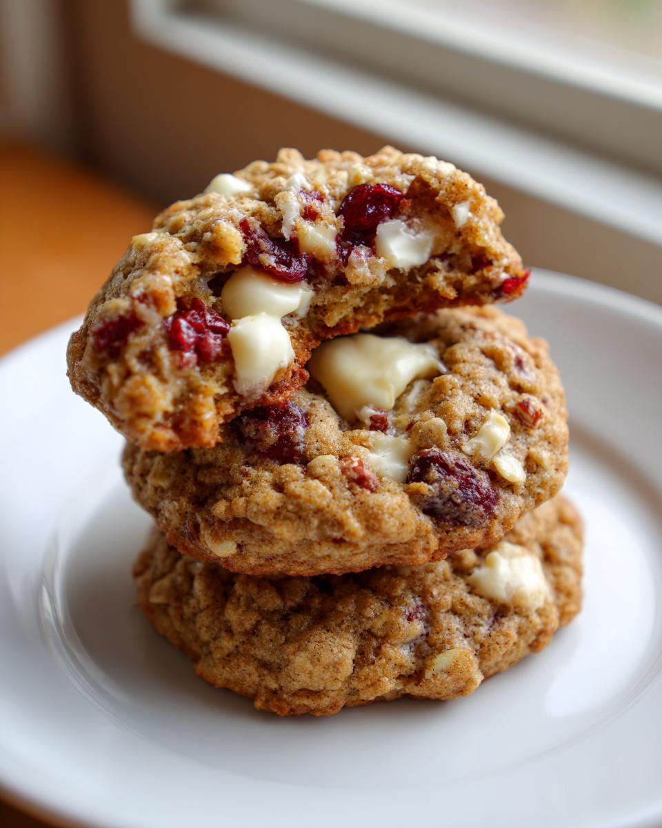 Stack of three soft cranberry oatmeal cookies, the top one broken open showing melted white chocolate and dried cranberries.