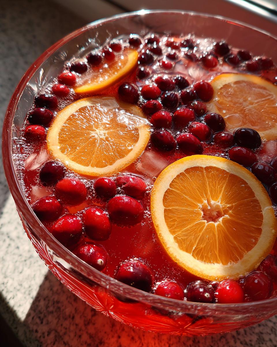 Close-up of a vibrant red Thanksgiving punch garnished with whole cranberries and bright orange slices floating on top.