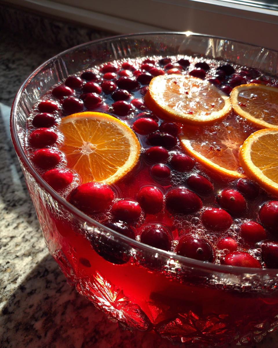 Close-up of a bright red Thanksgiving punch garnished with whole cranberries and orange slices in a crystal bowl.