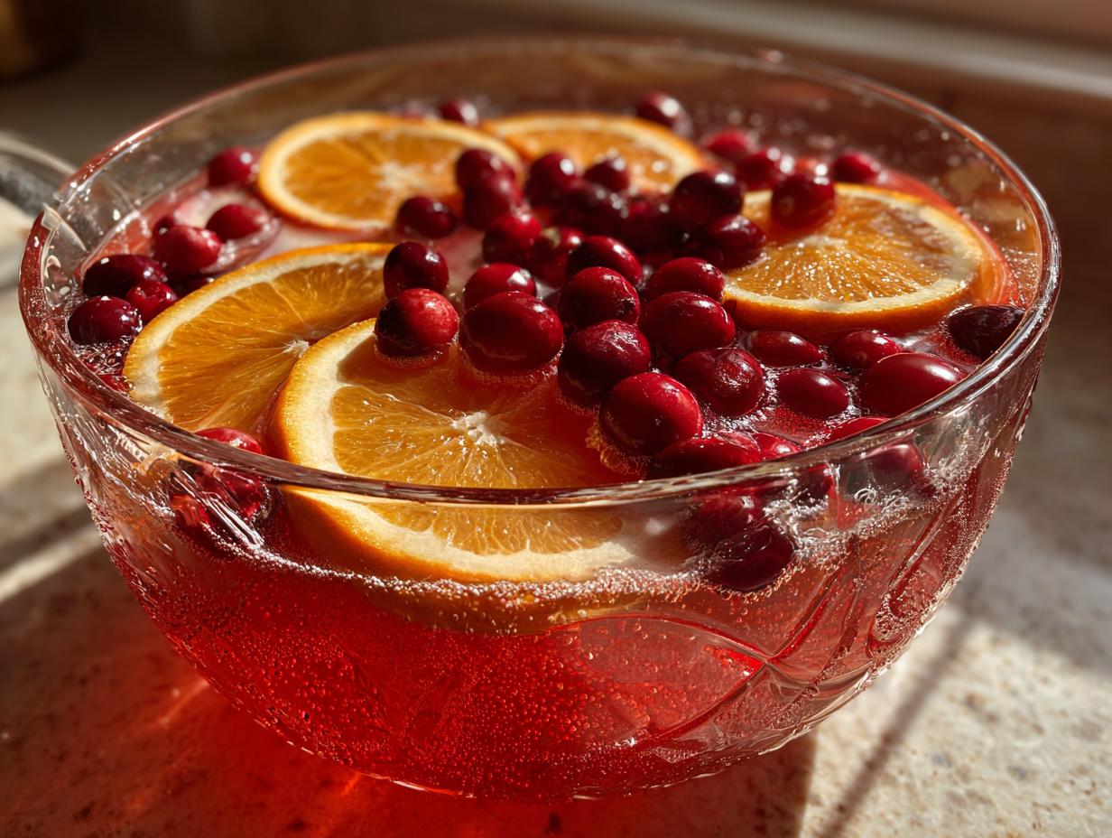 Close-up of a sparkling red thanksgiving punch garnished with fresh cranberries and orange slices in a decorative glass bowl.
