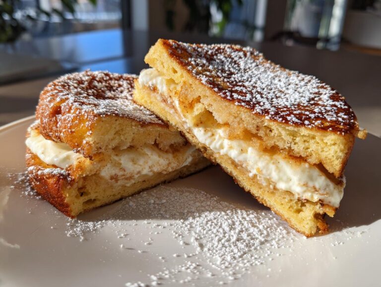 Two halves of golden brown cream cheese stuffed french toast dusted with powdered sugar on a white plate.