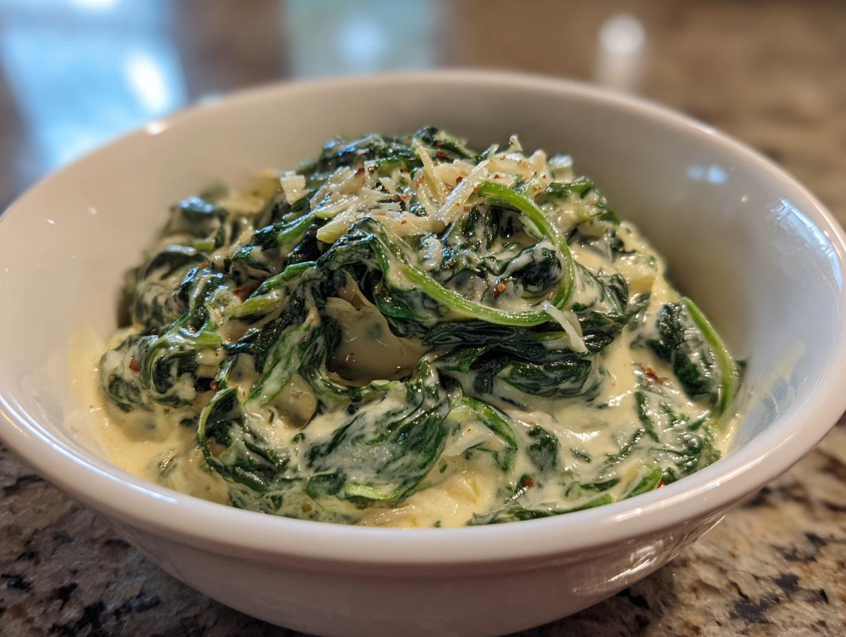 A close-up of a white bowl filled with rich, homemade creamed spinach recipe, topped with grated cheese.