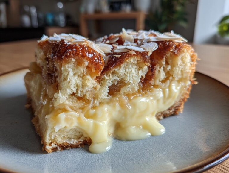 Close-up of a slice of bee sting cake showing thick vanilla cream filling oozing out, topped with caramelized almonds.