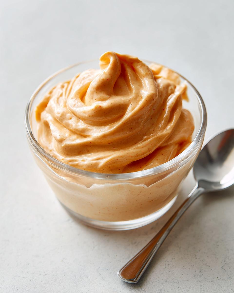 Close-up of creamy, orange-hued big mac sauce swirled high in a small glass bowl next to a silver spoon.