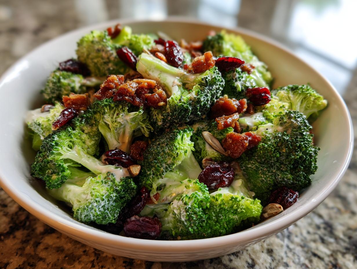 A white bowl filled with vibrant green broccoli salad tossed in a creamy dressing, topped with bacon bits and dried cranberries.