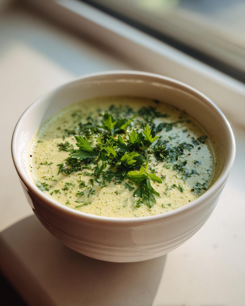 A bowl of creamy celery soup, pale green and topped generously with chopped fresh parsley.