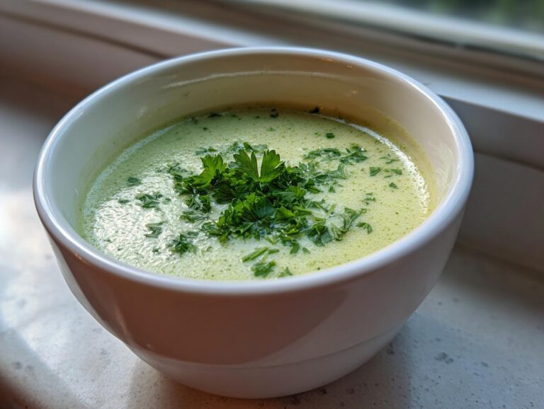 Close-up of a bowl of creamy celery soup, light green in color, topped with fresh chopped parsley.