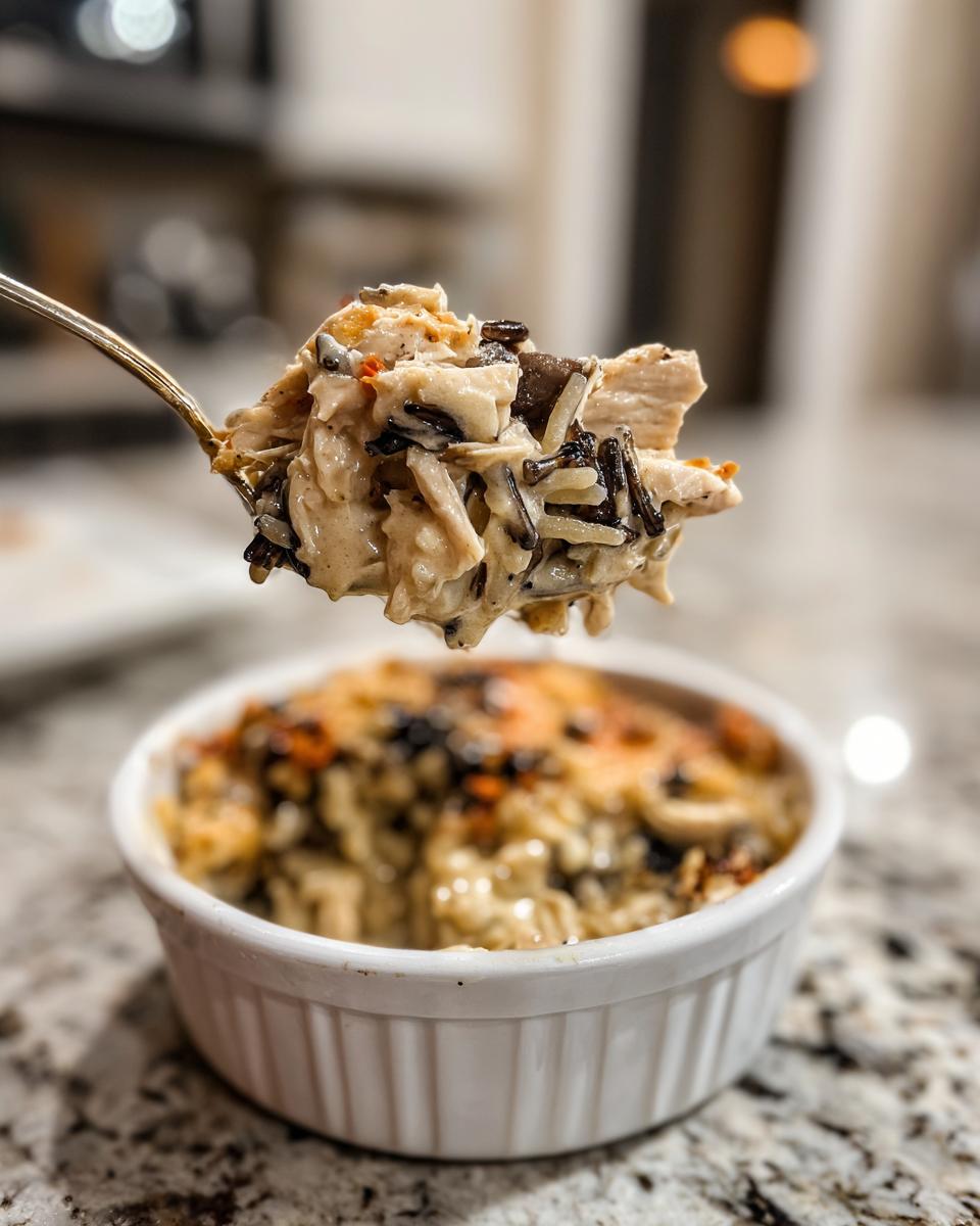 A spoonful of creamy chicken and wild rice mixture lifted above a white ramekin of the bake.