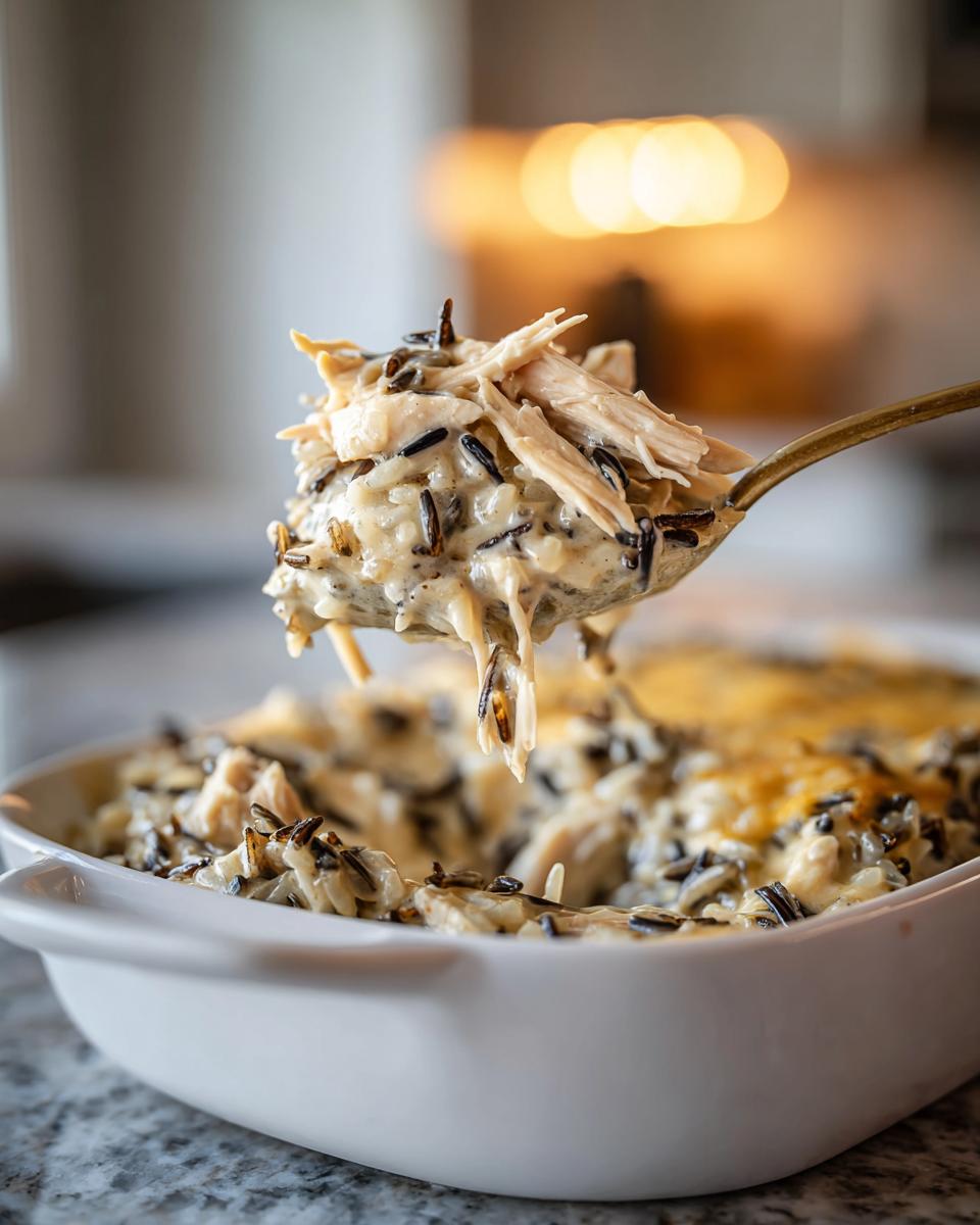 A spoonful of creamy chicken and wild rice casserole being lifted from a white baking dish.