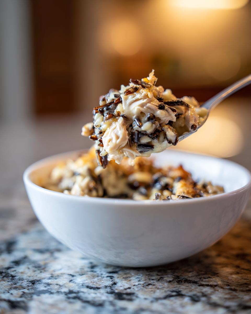 A spoonful of creamy chicken and wild rice bake lifted above a white bowl on a granite countertop.