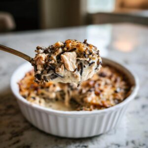 A golden spoon lifting a creamy, cheesy bite of chicken and wild rice bake from a white ramekin.