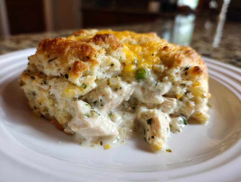 A close-up serving of creamy chicken cobbler featuring tender chicken pieces in a rich sauce under a golden biscuit topping.