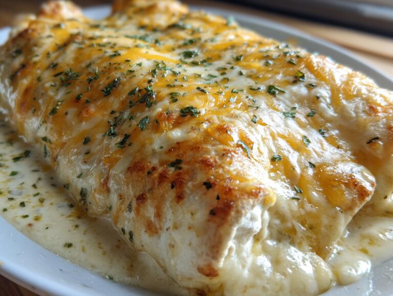 Close-up of creamy chicken enchiladas covered in melted white and cheddar cheese and sprinkled with parsley.